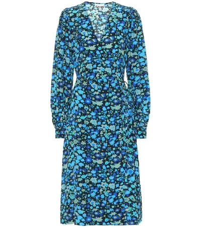 Shop Ganni Floral Silk-blend Midi Dress In Blue