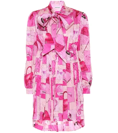 Shop Balenciaga Printed Silk Tie-neck Minidress In Pink