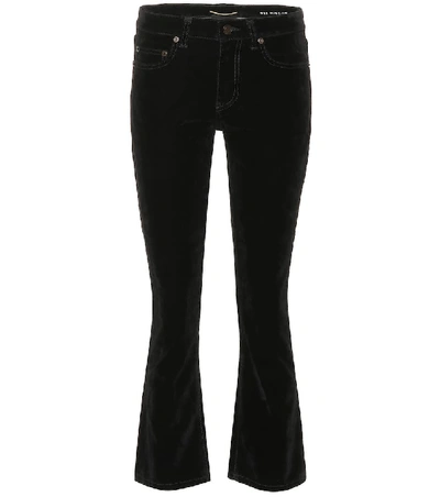Shop Saint Laurent Cropped Velvet Bootcut Jeans In Black