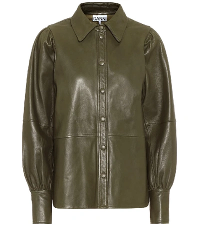 Shop Ganni Leather Shirt In Green