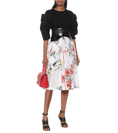 Shop Alexander Mcqueen Floral Cotton Midi Skirt In White