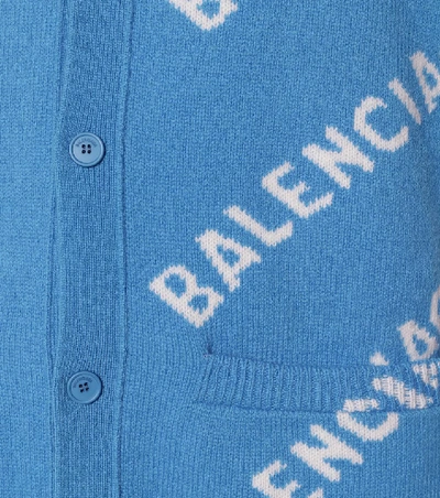Shop Balenciaga Logo Intarsia Wool Cardigan In Blue