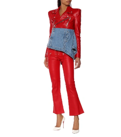 Shop Ben Taverniti Unravel Project Leather And Denim Jacket In Red
