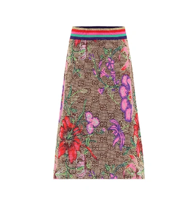 Shop Gucci Gg Flora Wool-blend Midi Skirt In Brown