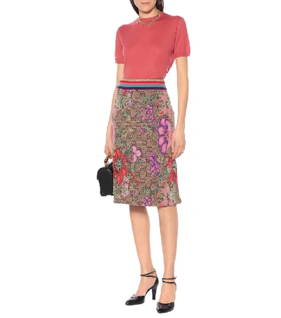 Shop Gucci Gg Flora Wool-blend Midi Skirt In Brown