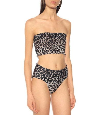 Shop Ganni Leopard-print Bandeau Bikini Top In Brown