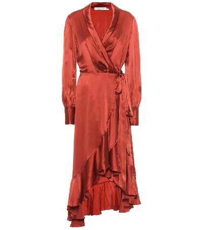 Shop Zimmermann Espionage Silk Wrap Midi Dress In Red