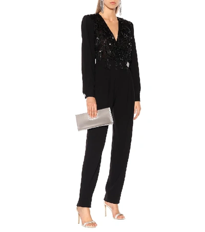 Shop Alessandra Rich Embellished Stretch Wool Jumpsuit In Black
