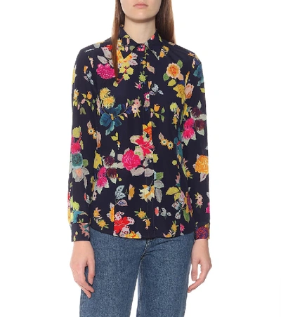 Shop Etro Floral Stretch-silk Shirt In Blue