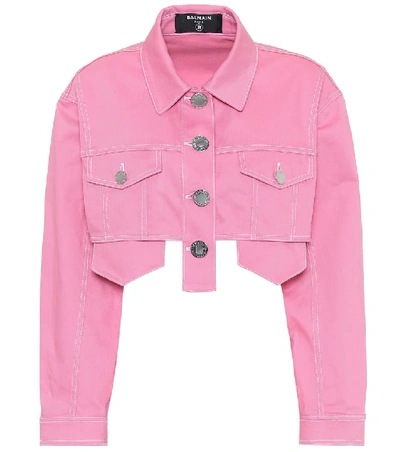 Shop Balmain Cropped Denim Jacket In Pink