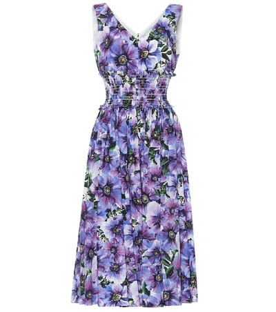 Shop Dolce & Gabbana Floral Cotton Poplin Midi Dress In Purple