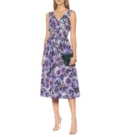 Shop Dolce & Gabbana Floral Cotton Poplin Midi Dress In Purple