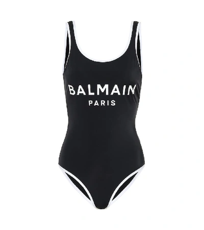 Shop Balmain Logo Swimsuit In Black