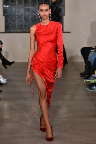 Shop David Koma Ruched One-sleeve Satin Minidress In Red