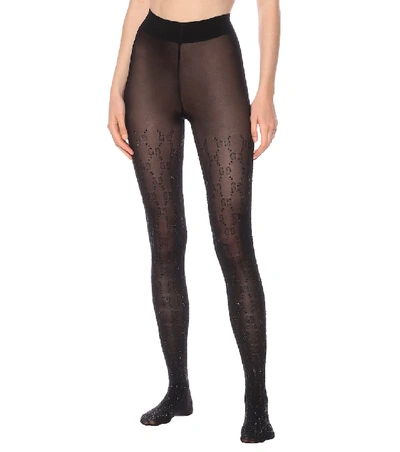 Shop Gucci Embellished Gg Tights In Black