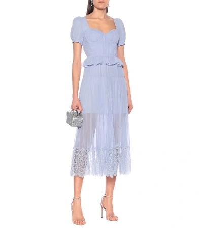 Shop Self-portrait Lace-trimmed Chiffon Midi Dress In Blue