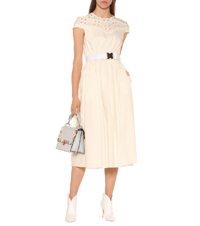 Shop Fendi Embroidered Cotton Midi Dress In White