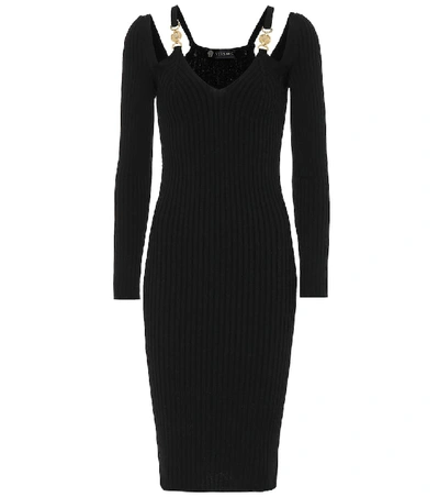 Shop Versace Ribbed-knit Bodycon Midi Dress In Black