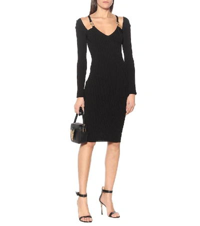 Shop Versace Ribbed-knit Bodycon Midi Dress In Black