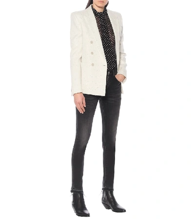 Shop Saint Laurent Sequined Tweed Blazer In White