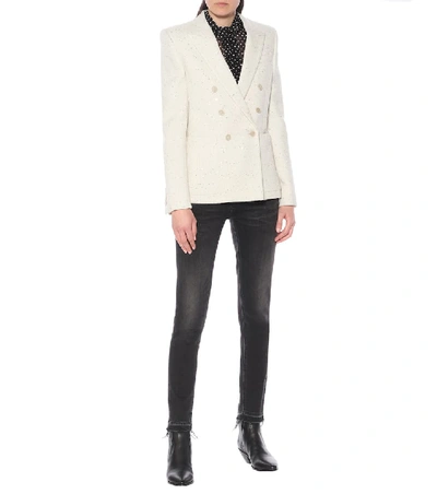 Shop Saint Laurent Sequined Tweed Blazer In White