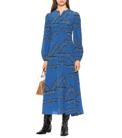 Shop Ganni Printed Silk Maxi Dress In Blue