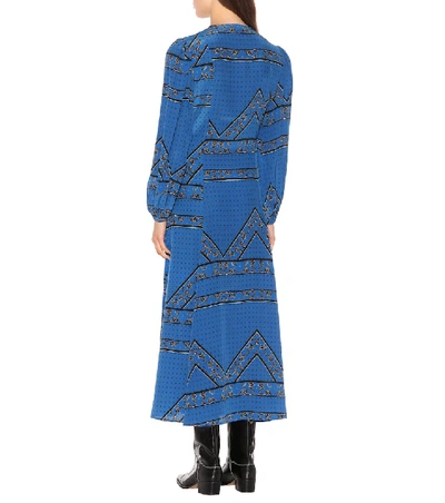 Shop Ganni Printed Silk Maxi Dress In Blue