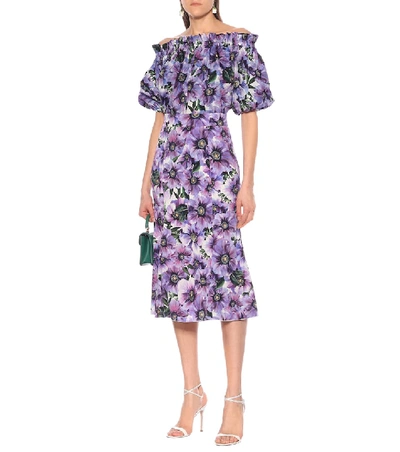 Shop Dolce & Gabbana Floral Stretch-silk Midi Skirt In Purple