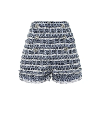 Shop Balmain Tweed High-rise Shorts In Blue