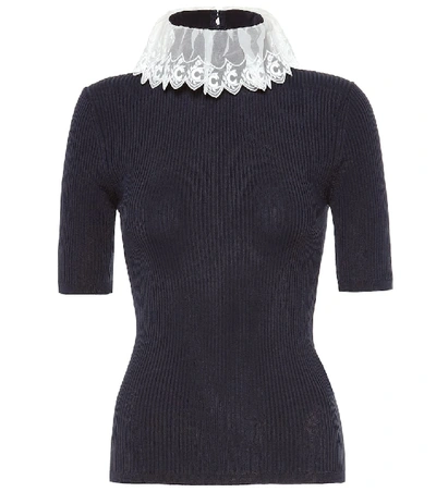 Shop Chloé Organza-trimmed Ribbed-knit Top In Blue
