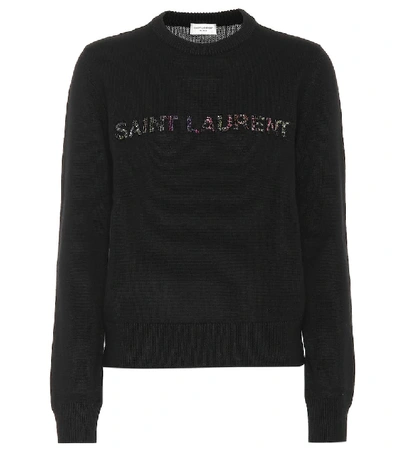 Shop Saint Laurent Embroidered Wool Sweater In Black