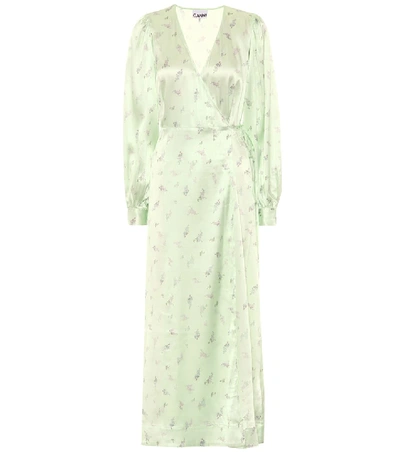 Shop Ganni Floral Stretch-satin Dress In Green