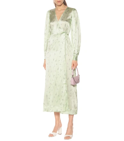 Shop Ganni Floral Stretch-satin Dress In Green