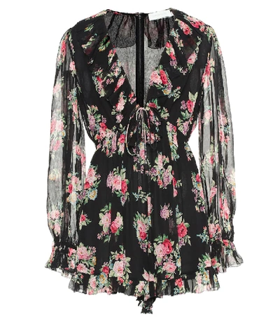 Shop Zimmermann Honour Floating Floral Silk Playsuit In Black