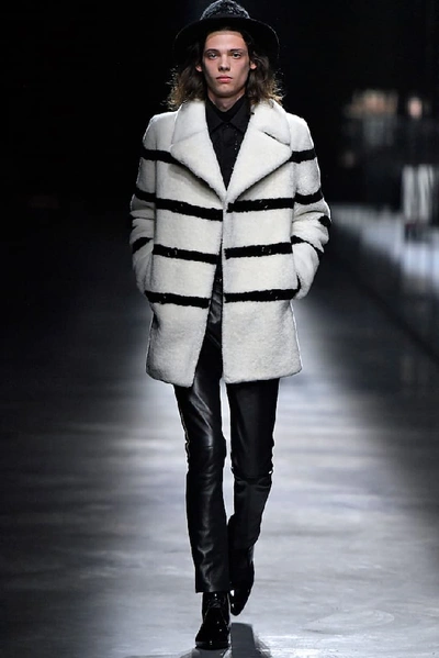 Shop Saint Laurent Striped Shearling Pea Coat In White