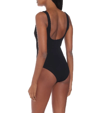 Shop Ganni Ribbed Lace-up One-piece Swimsuit In Black