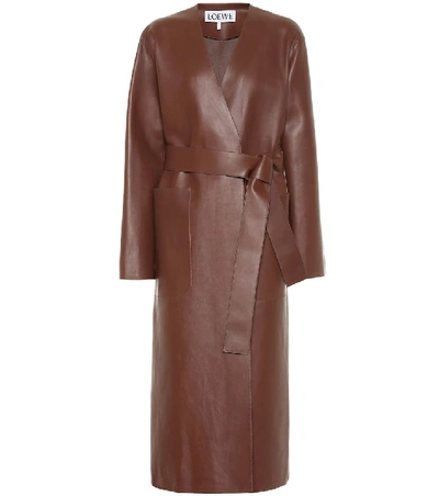 Shop Loewe Leather Coat In Brown