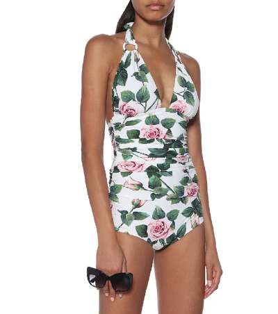 Shop Dolce & Gabbana Floral Halter Swimsuit In White