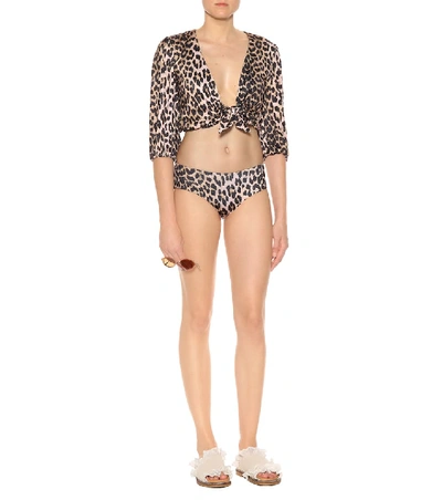 Shop Ganni Avalon Leopard Bikini Top In Brown