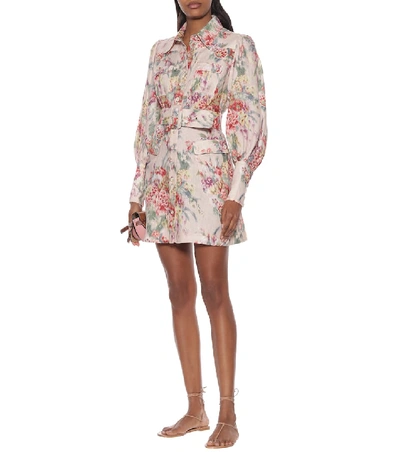 Shop Zimmermann Wavelength Floral Linen Minidress In Multicoloured