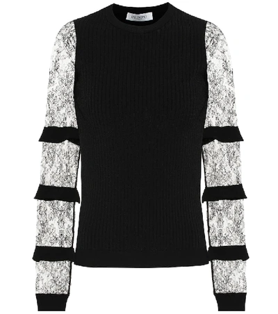Shop Valentino Lace-trimmed Ribbed-knit Sweater In Black