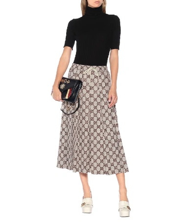 Shop Gucci Gg Pleated Jersey Midi Skirt In Brown