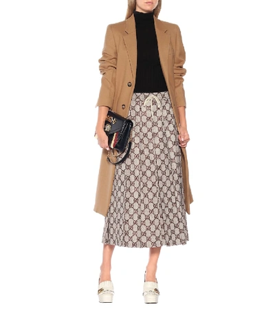 Shop Gucci Gg Pleated Jersey Midi Skirt In Brown