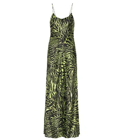 Shop Ganni Tiger-printed Stretch-silk Dress In Green