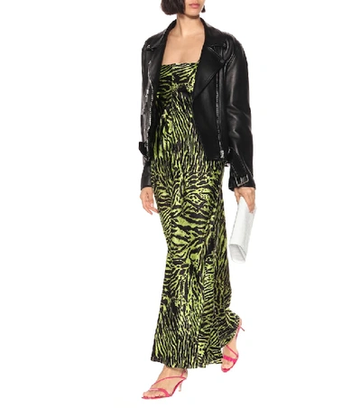 Shop Ganni Tiger-printed Stretch-silk Dress In Green