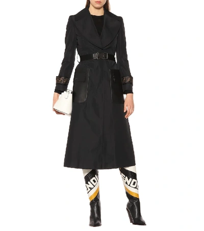 Shop Fendi Leather-trimmed Faille Trench Coat In Black