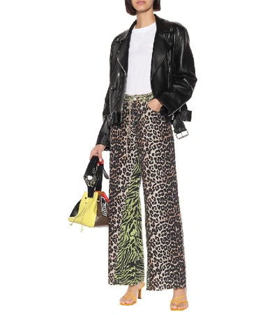 Shop Ganni Leopard-print Wide-leg Cotton Pants In Multicoloured