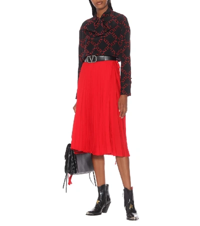 Shop Valentino Pleated Silk Midi Skirt In Red