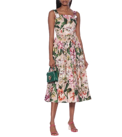 Shop Dolce & Gabbana Floral Cotton Midi Dress In Pink