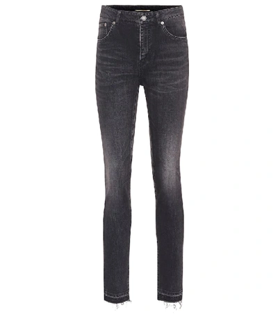 Shop Saint Laurent Frayed High-rise Skinny Jeans In Black